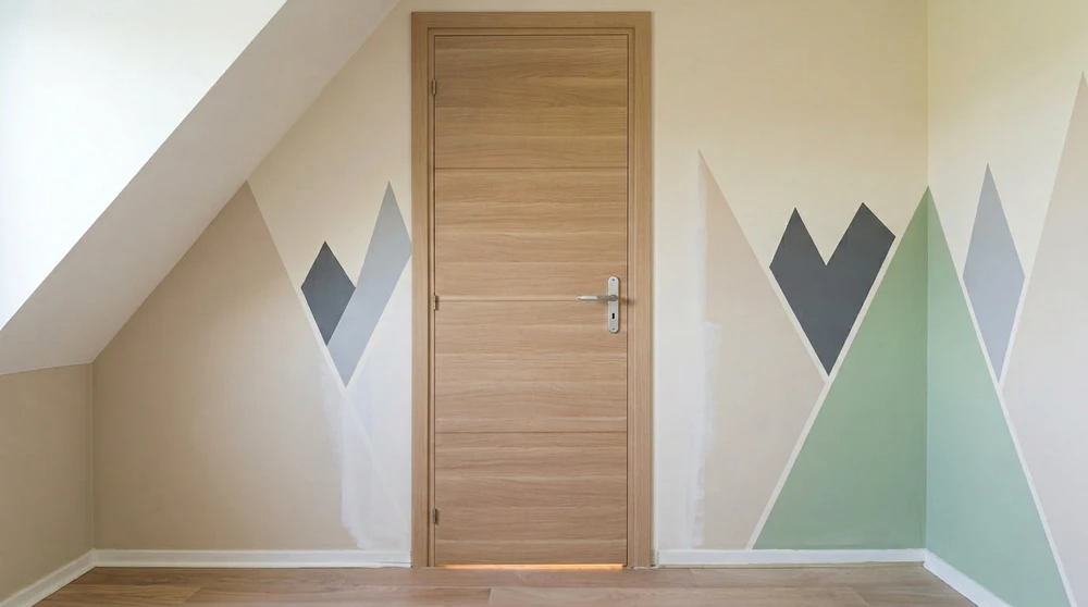 Chambre enfant sous combles avec mur décoratif peint en motif montagne géométrique, tons gris ardoise, vert sauge et blanc cassé