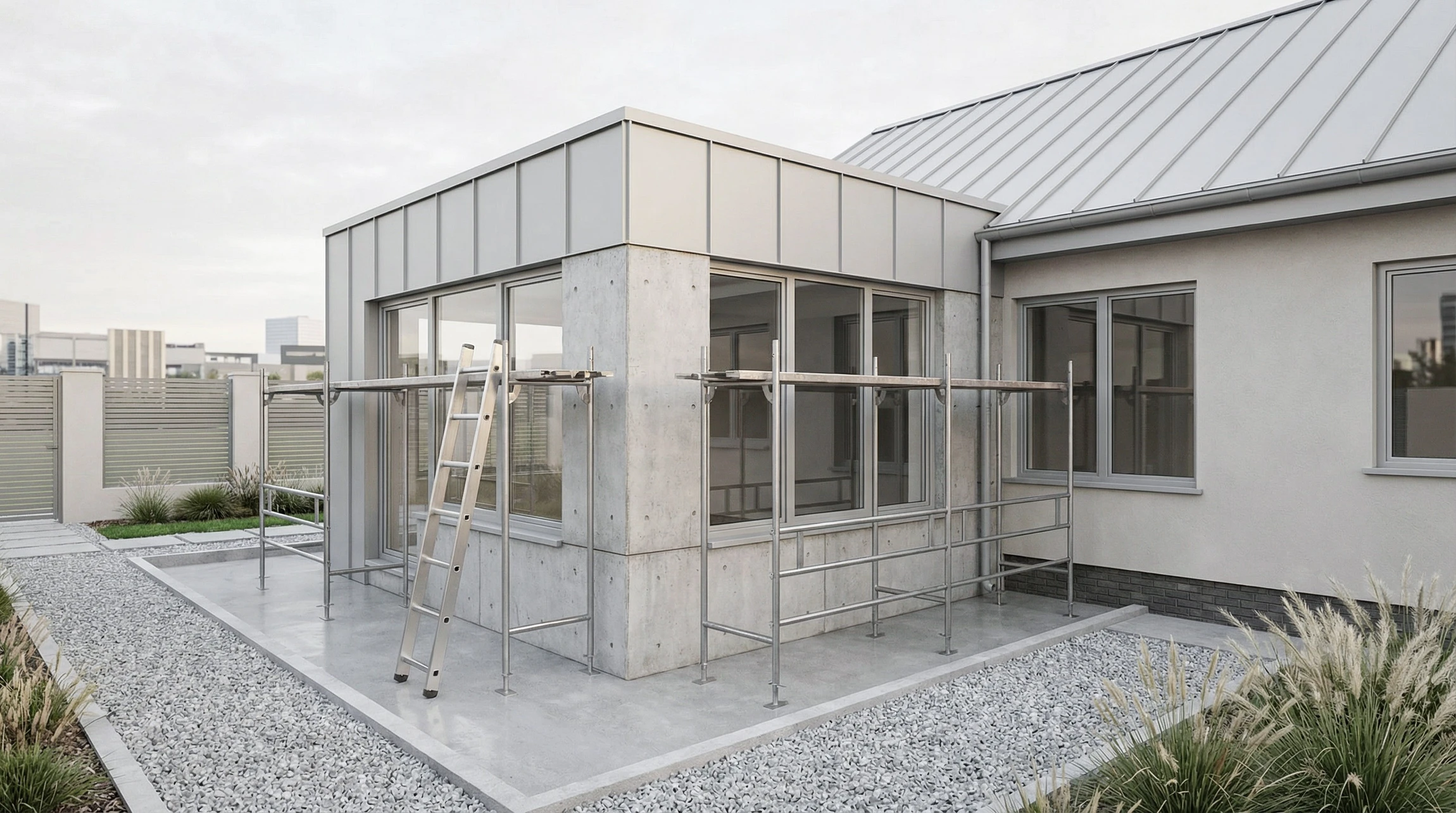 Chantier de construction extérieur d'une maison à ossature bois en cours d'édification